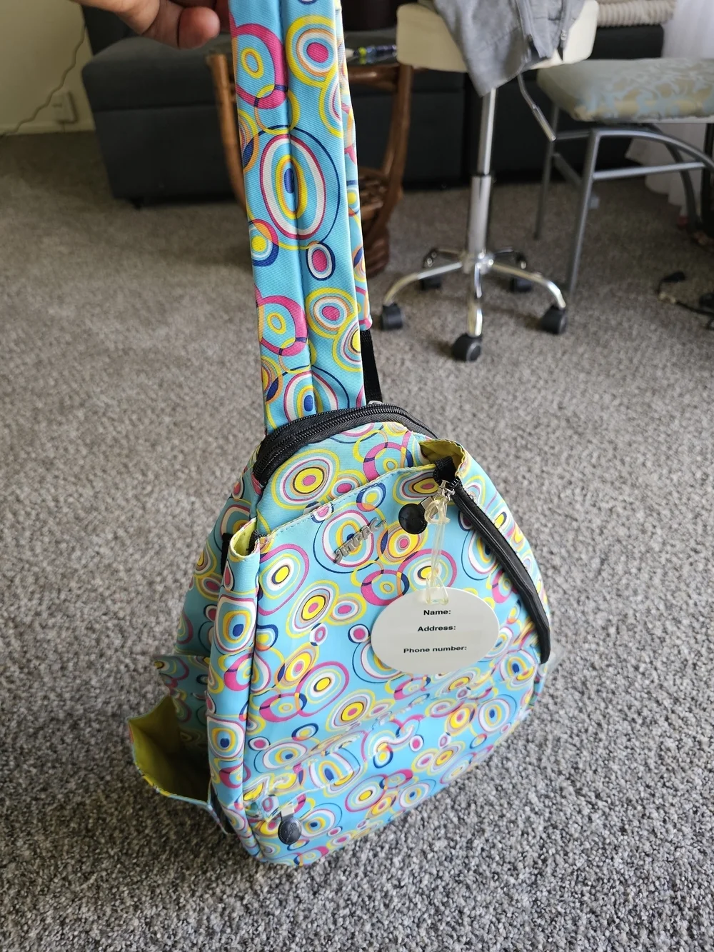 Jetpac Colorful Circle Print Sling Backpack - Turquoise, Yellow, Pink